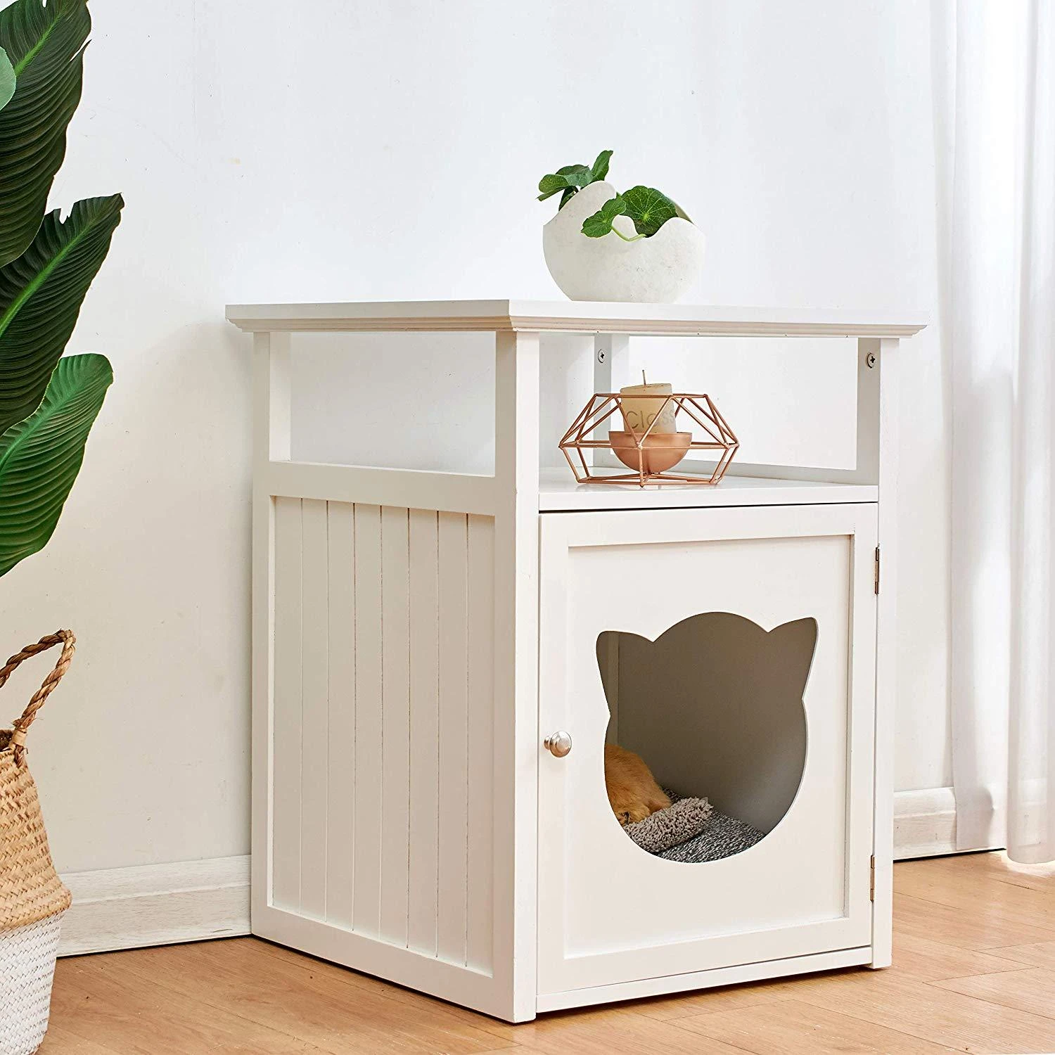 Bastet Wooden Cat Cave Bedside Cabinet Litter Box Cat House Nightstand White 2 Bastet Wooden Cat Cave Bedside Cabinet Litter Box Cat House Nightstand White - Image 2