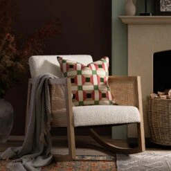 Fyne Ecru Boucle Rocking Natural Oak Armchair With Rattan Armrests