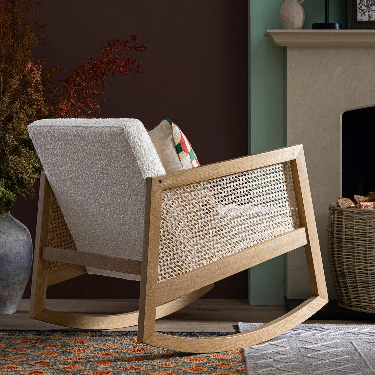 Fyne Ecru Boucle Rocking Natural Oak Armchair With Rattan Armrests 2 Fyne Ecru Boucle Rocking Natural Oak Armchair With Rattan Armrests - Image 2