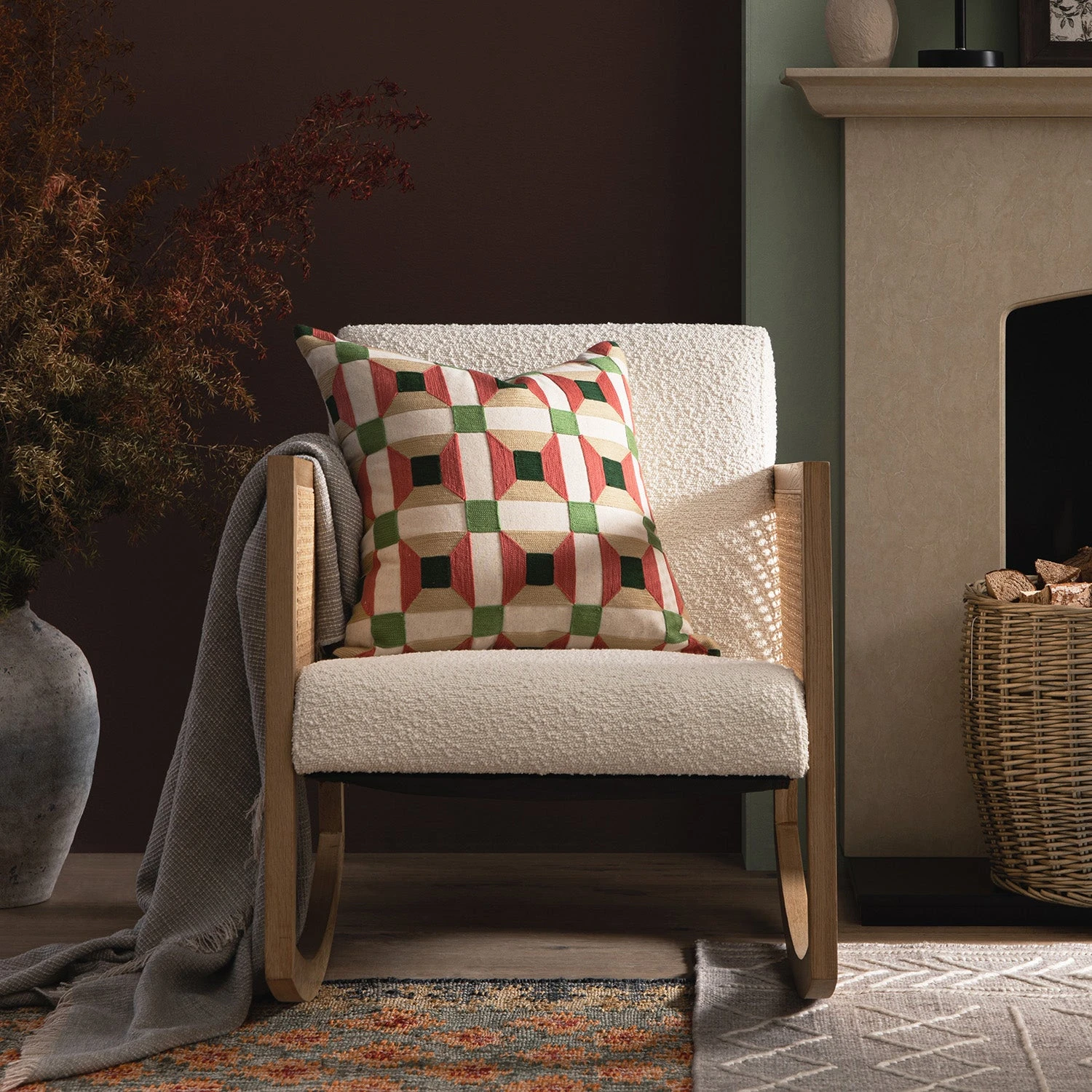 Fyne Ecru Boucle Rocking Natural Oak Armchair With Rattan Armrests 3 Fyne Ecru Boucle Rocking Natural Oak Armchair With Rattan Armrests - Image 3