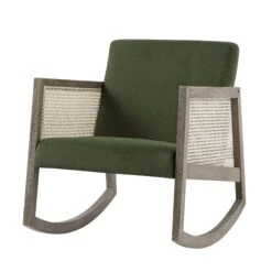 Fyne Moss Green Velvet Rocking Weathered Oak Armchair With Rattan Armrests