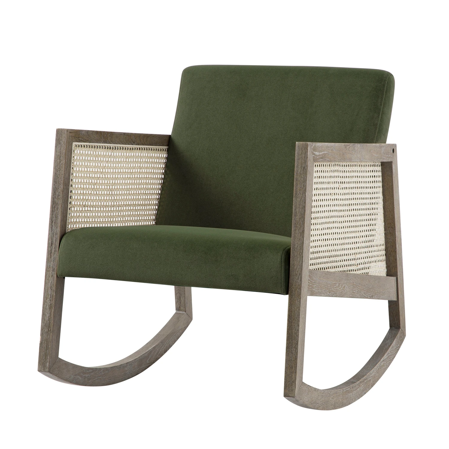Fyne Moss Green Velvet Rocking Weathered Oak Armchair With Rattan Armrests 1 Fyne Moss Green Velvet Rocking Weathered Oak Armchair With Rattan Armrests