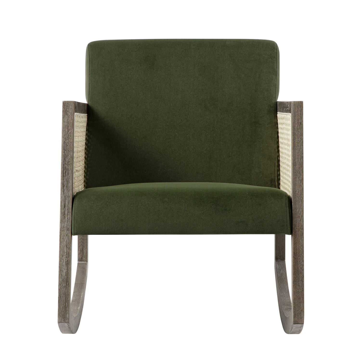 Fyne Moss Green Velvet Rocking Weathered Oak Armchair With Rattan Armrests 2 Fyne Moss Green Velvet Rocking Weathered Oak Armchair With Rattan Armrests - Image 2