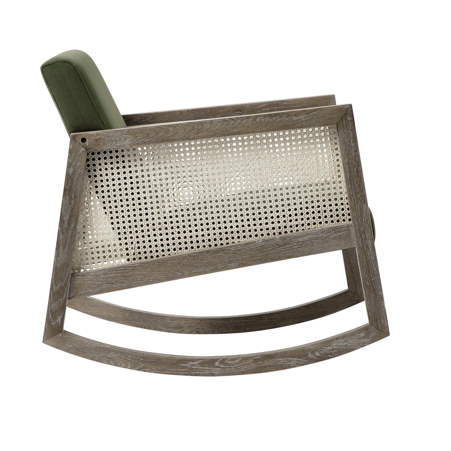 Fyne Moss Green Velvet Rocking Weathered Oak Armchair With Rattan Armrests 4 Fyne Moss Green Velvet Rocking Weathered Oak Armchair With Rattan Armrests - Image 4