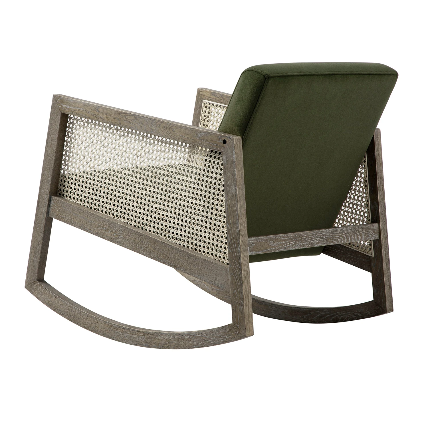 Fyne Moss Green Velvet Rocking Weathered Oak Armchair With Rattan Armrests 5 Fyne Moss Green Velvet Rocking Weathered Oak Armchair With Rattan Armrests - Image 5