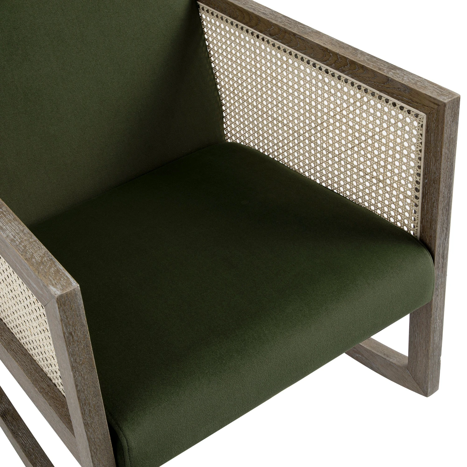 Fyne Moss Green Velvet Rocking Weathered Oak Armchair With Rattan Armrests 7 Fyne Moss Green Velvet Rocking Weathered Oak Armchair With Rattan Armrests - Image 7