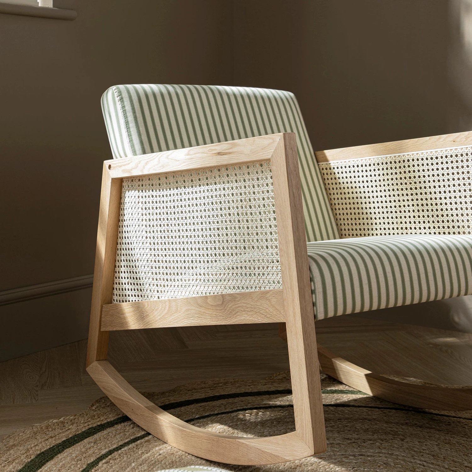 Fyne Sage Striped Linen Blend Natural Oak Armchair With Rattan Armrests 4 Fyne Sage Striped Linen Blend Natural Oak Armchair With Rattan Armrests - Image 4