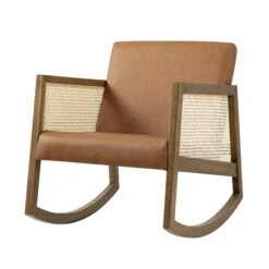 Fyne Tan Faux Leather Rocking Light Walnut Armchair With Rattan Armrests