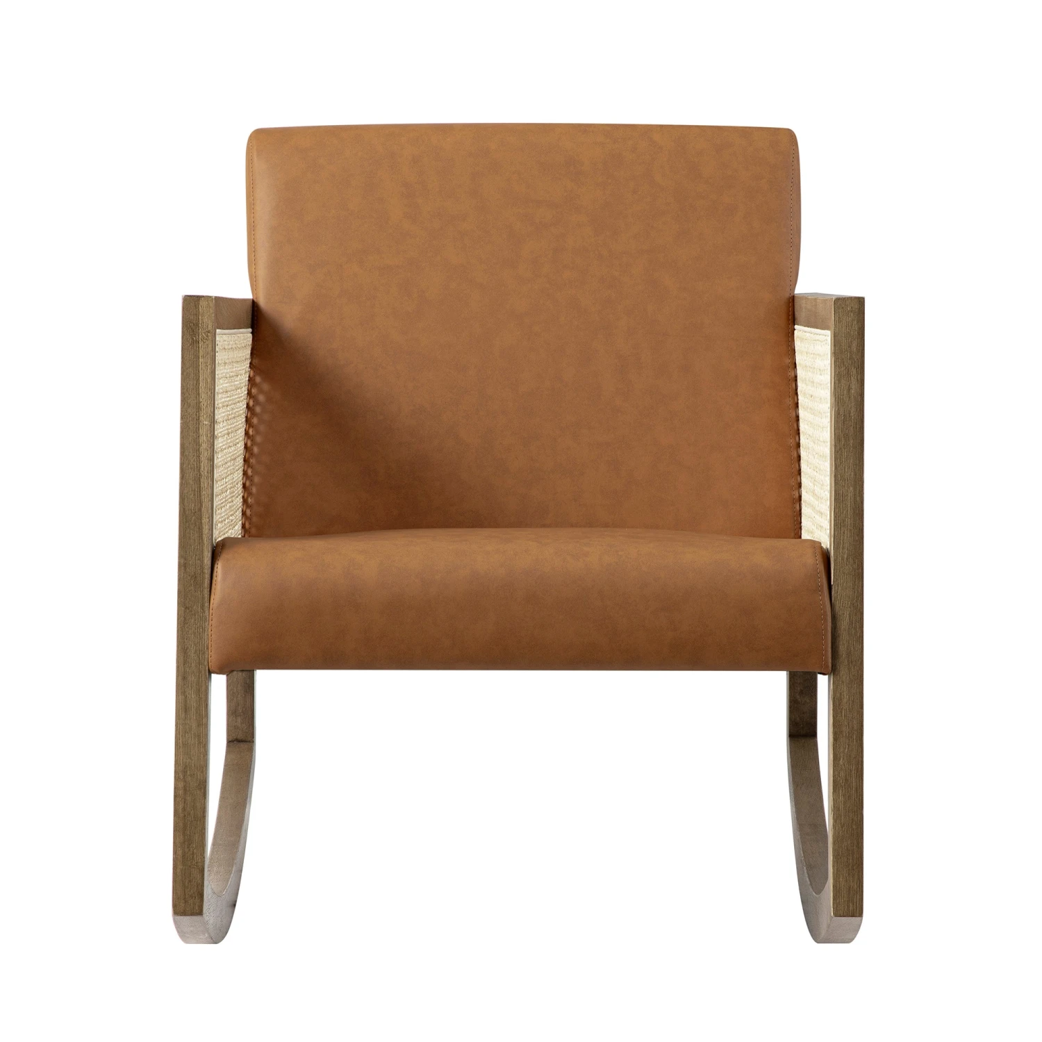 Fyne Tan Faux Leather Rocking Light Walnut Armchair With Rattan Armrests 2 Fyne Tan Faux Leather Rocking Light Walnut Armchair With Rattan Armrests - Image 2