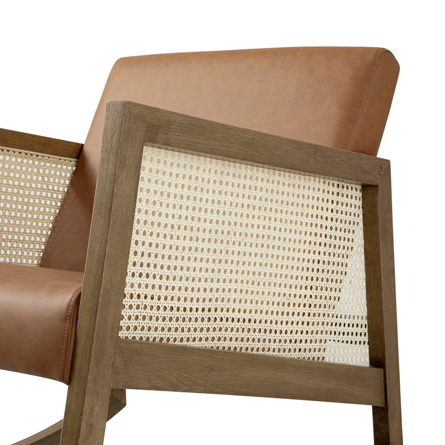 Fyne Tan Faux Leather Rocking Light Walnut Armchair With Rattan Armrests 6 Fyne Tan Faux Leather Rocking Light Walnut Armchair With Rattan Armrests - Image 6