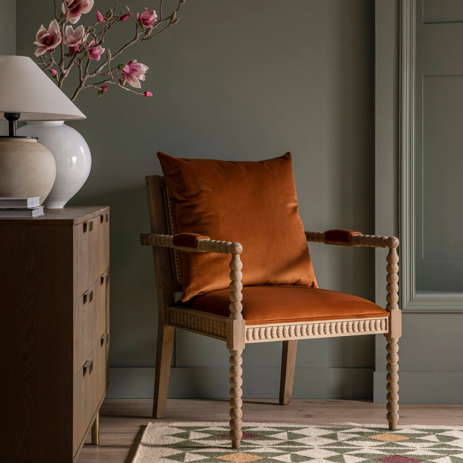 Hemingford Rust Velvet Bobbin Washed Oak Armchair 1 Hemingford Rust Velvet Bobbin Washed Oak Armchair