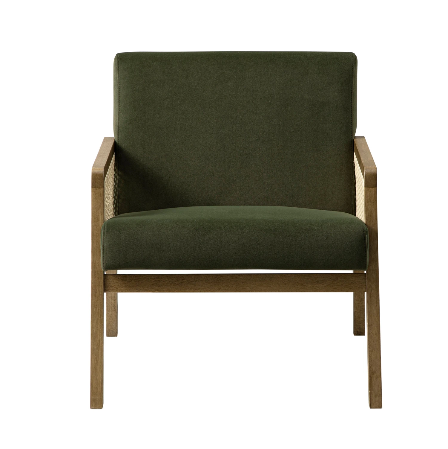 Fyne Moss Green Velvet Light Walnut Frame Rattan Armchair 2 Fyne Moss Green Velvet Light Walnut Frame Rattan Armchair - Image 2