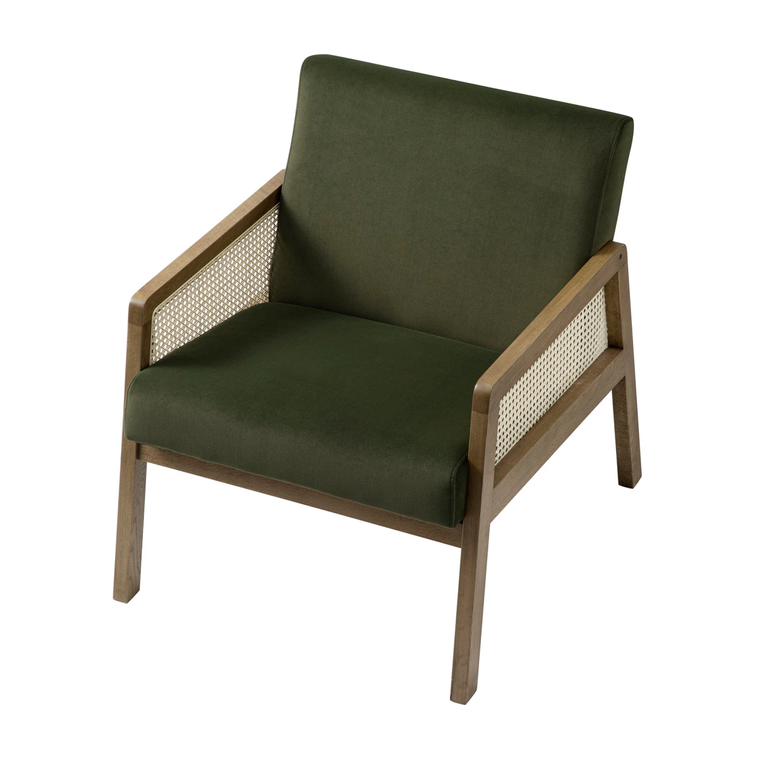 Fyne Moss Green Velvet Light Walnut Frame Rattan Armchair 4 Fyne Moss Green Velvet Light Walnut Frame Rattan Armchair - Image 4
