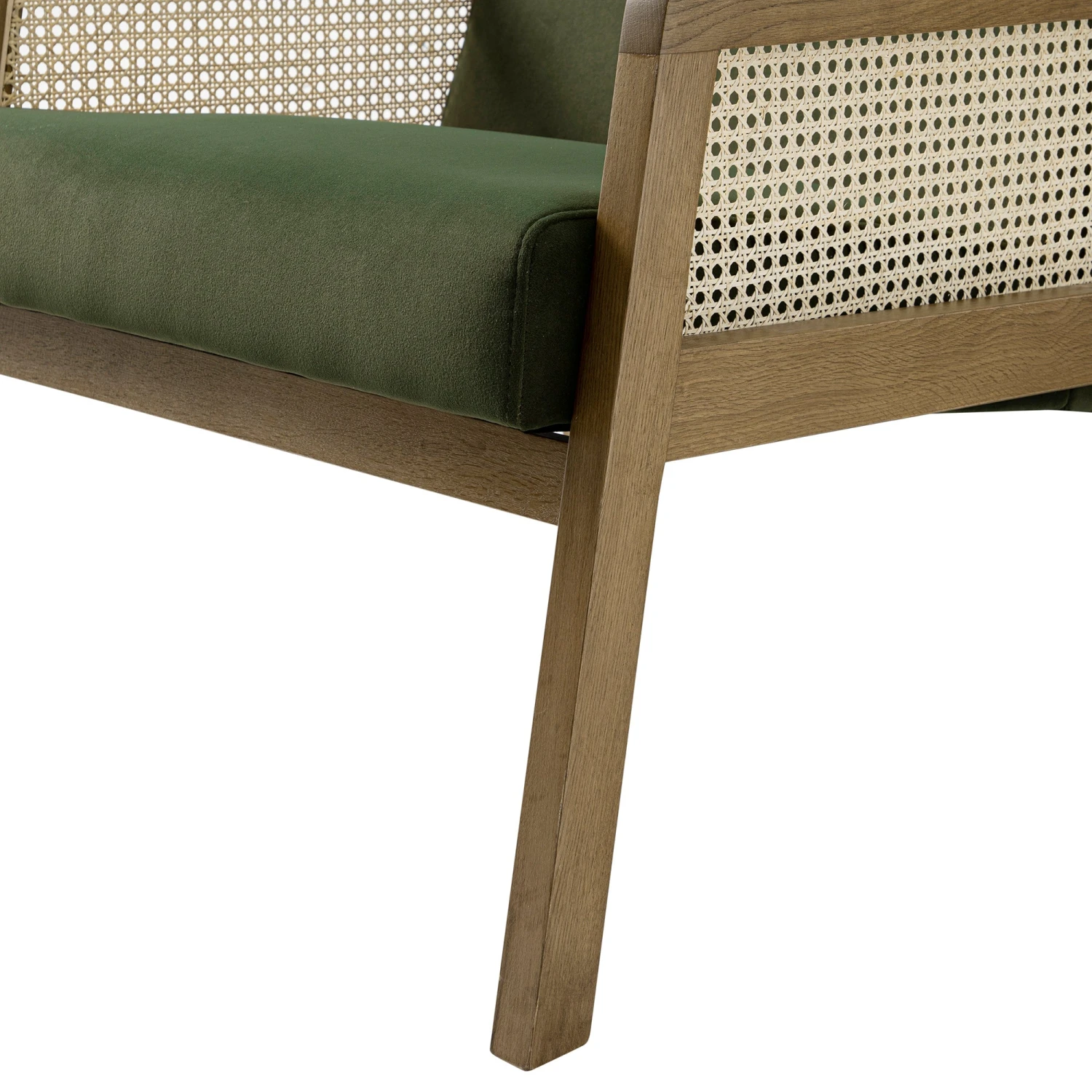 Fyne Moss Green Velvet Light Walnut Frame Rattan Armchair 8 Fyne Moss Green Velvet Light Walnut Frame Rattan Armchair - Image 8
