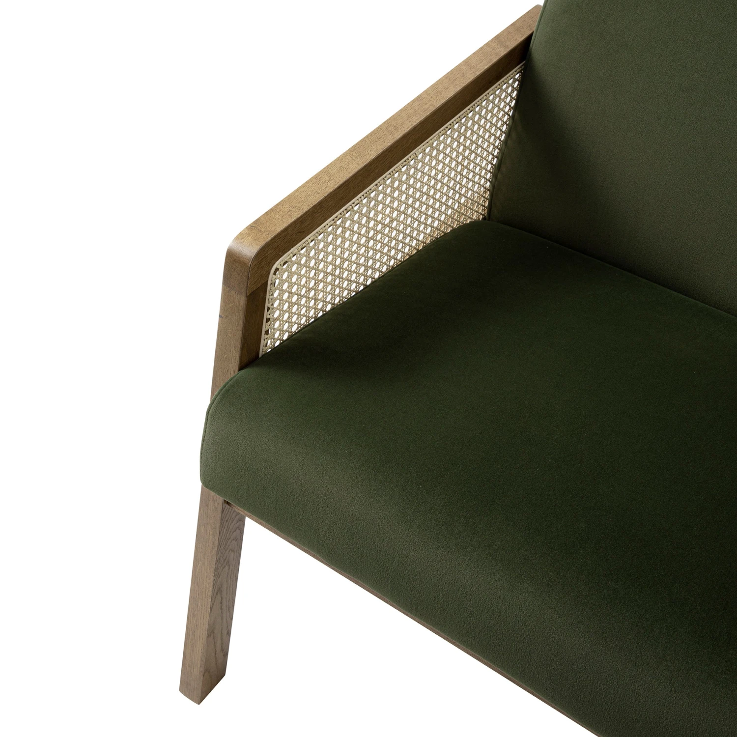 Fyne Moss Green Velvet Light Walnut Frame Rattan Armchair 9 Fyne Moss Green Velvet Light Walnut Frame Rattan Armchair - Image 9