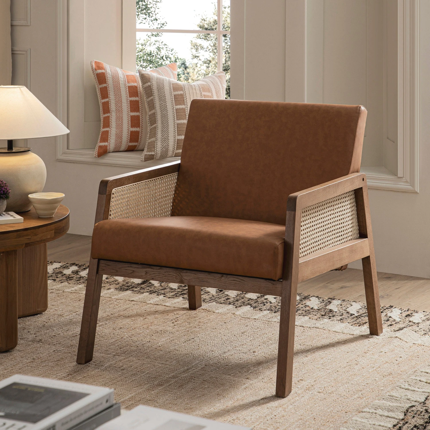 Fyne Tan Faux Leather Light Walnut Frame Rattan Armchair 1 Fyne Tan Faux Leather Light Walnut Frame Rattan Armchair