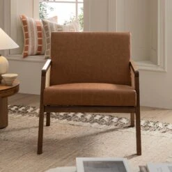 Fyne Tan Faux Leather Light Walnut Frame Rattan Armchair 16 Fyne Tan Faux Leather Light Walnut Frame Rattan Armchair -Daals Store ACH 608 TANFLX LIGHTWALNUT scene1