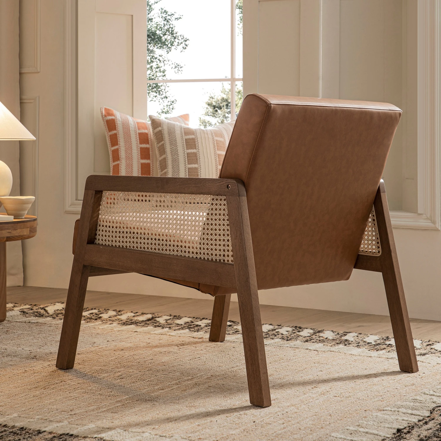 Fyne Tan Faux Leather Light Walnut Frame Rattan Armchair 3 Fyne Tan Faux Leather Light Walnut Frame Rattan Armchair - Image 3