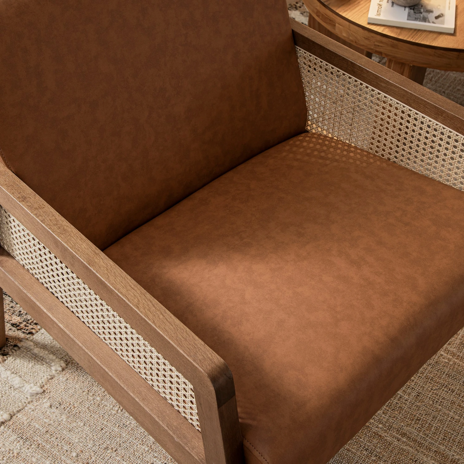 Fyne Tan Faux Leather Light Walnut Frame Rattan Armchair 5 Fyne Tan Faux Leather Light Walnut Frame Rattan Armchair - Image 5