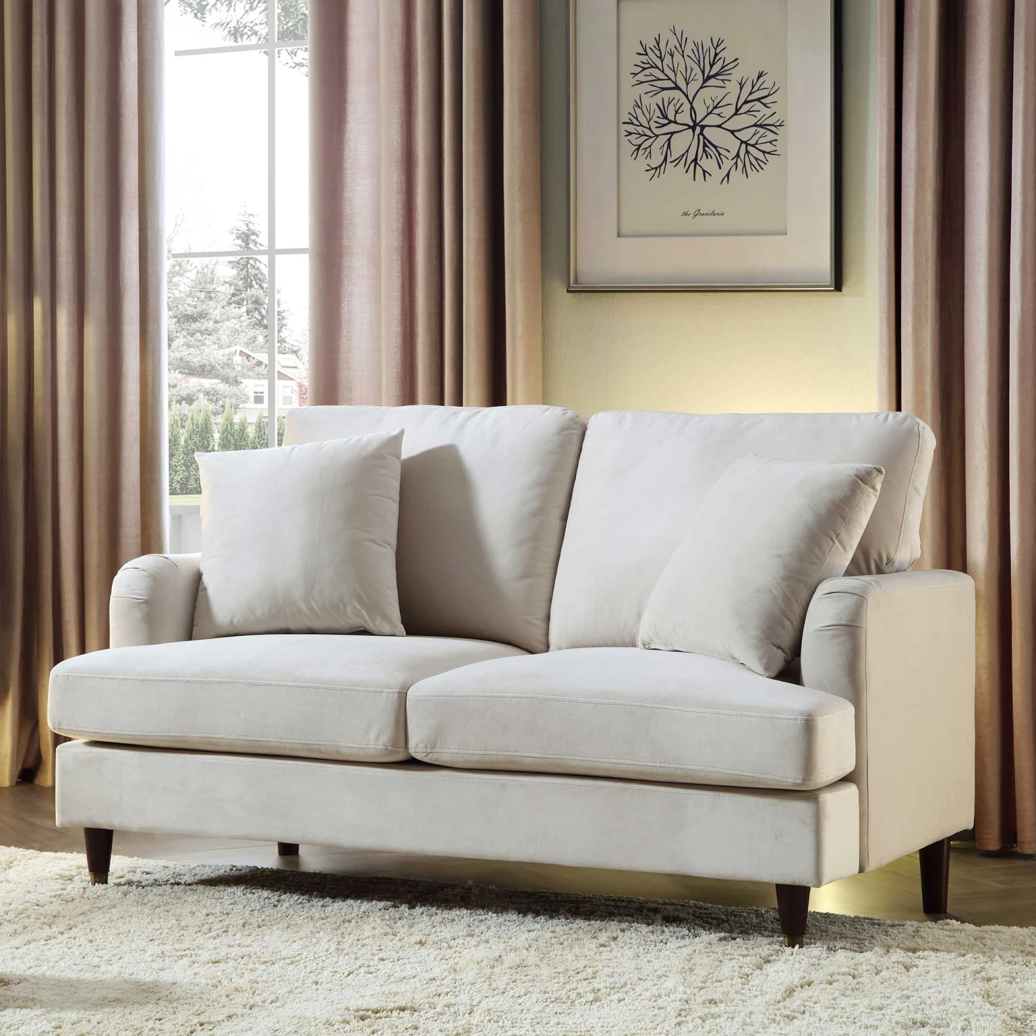 Brigette 2-Seater Beige Velvet Sofa With Antique Brass Castor Legs 2 Brigette 2-Seater Beige Velvet Sofa With Antique Brass Castor Legs - Image 2