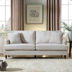 Brigette 3-Seater Beige Velvet Sofa With Antique Brass Castor Legs