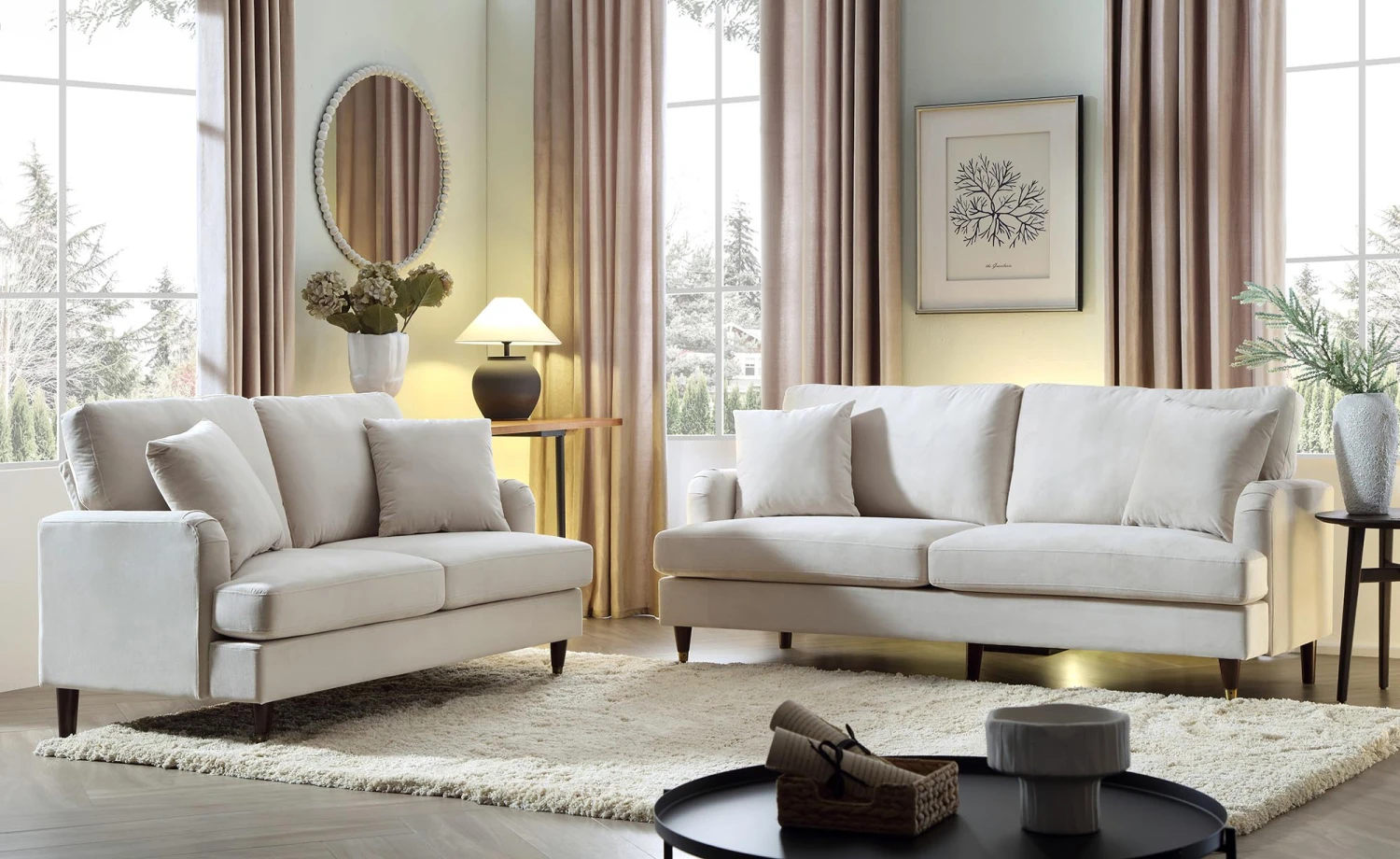 Brigette 2-Seater Beige Velvet Sofa With Antique Brass Castor Legs 3 Brigette 2-Seater Beige Velvet Sofa With Antique Brass Castor Legs - Image 3