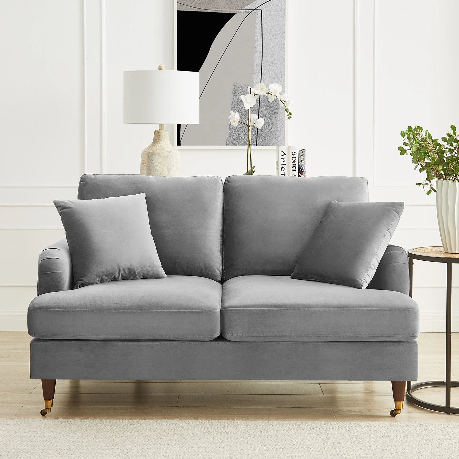 Brigette 2-Seater Grey Velvet Sofa With Antique Brass Castor Legs 1 Brigette 2-Seater Grey Velvet Sofa With Antique Brass Castor Legs