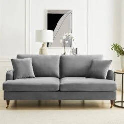 Brigette 3 Seater Grey Velvet Sofa With Antique Brass Castor Legs