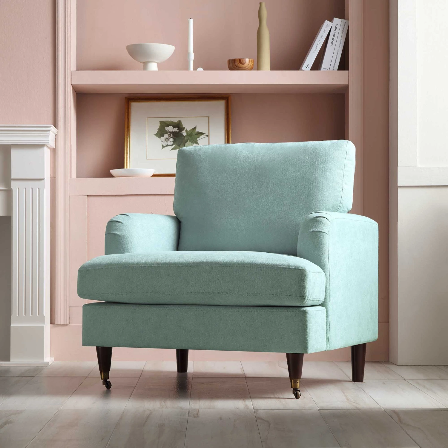 Brigette Mint Soft Brushed Fabric Armchair With Antique Brass Castor Legs 1 Brigette Mint Soft Brushed Fabric Armchair With Antique Brass Castor Legs