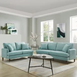 Brigette 2-Seater Mint Soft Brushed Sofa With Antique Brass Castor Legs -Daals Store AYSF 010 MINT FAB 2ST set scene 1