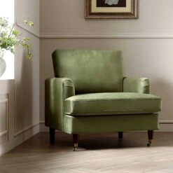 Brigette Olive Green Velvet Armchair With Antique Brass Castor Legs