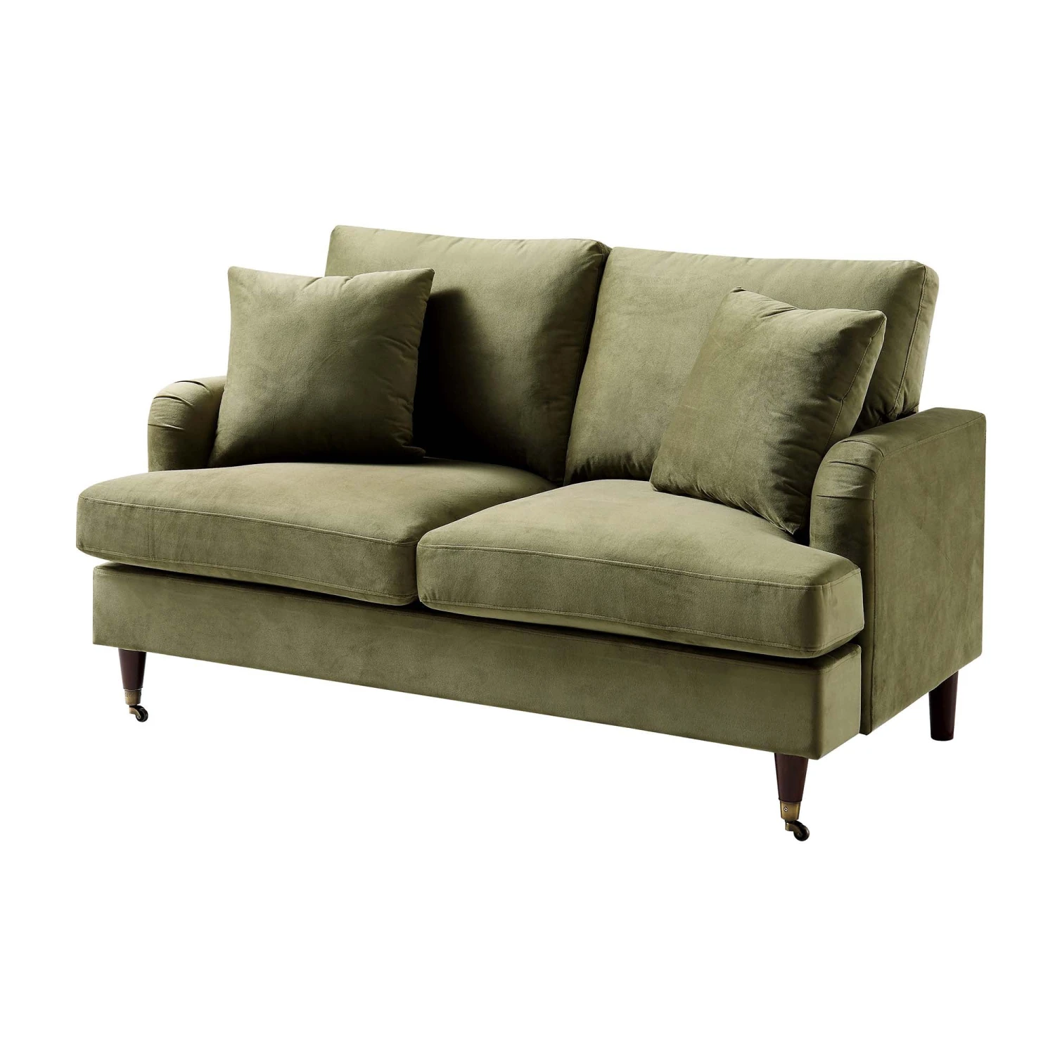 Brigette 2-Seater Olive Green Velvet Sofa With Antique Brass Castor Legs 5 Brigette 2-Seater Olive Green Velvet Sofa With Antique Brass Castor Legs - Image 5