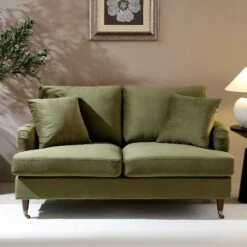 Brigette 2-Seater Olive Green Velvet Sofa With Antique Brass Castor Legs