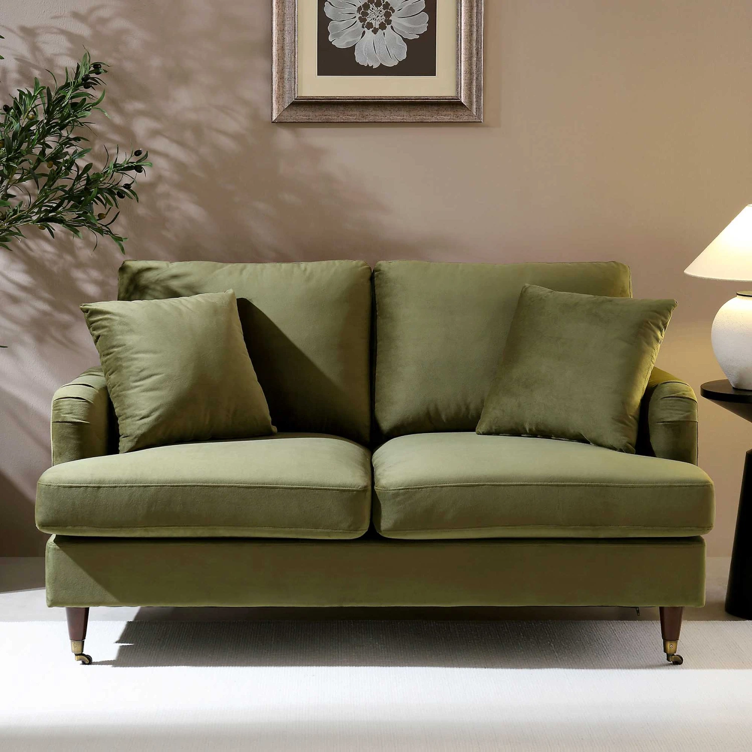 Brigette 2-Seater Olive Green Velvet Sofa With Antique Brass Castor Legs 1 Brigette 2-Seater Olive Green Velvet Sofa With Antique Brass Castor Legs