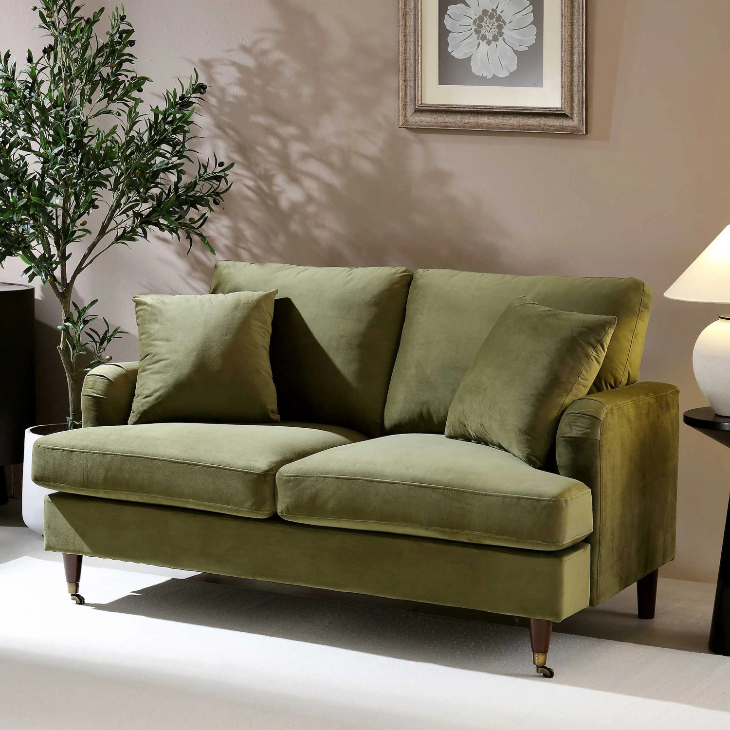 Brigette 2-Seater Olive Green Velvet Sofa With Antique Brass Castor Legs 2 Brigette 2-Seater Olive Green Velvet Sofa With Antique Brass Castor Legs - Image 2