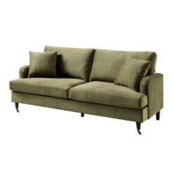Brigette 3-Seater Olive Green Velvet Sofa With Antique Brass Castor Legs -Daals Store AYSF 010 MOSSGREEN VEL 3ST WB2