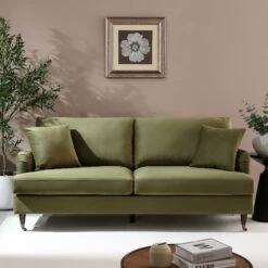 Brigette 3-Seater Olive Green Velvet Sofa With Antique Brass Castor Legs