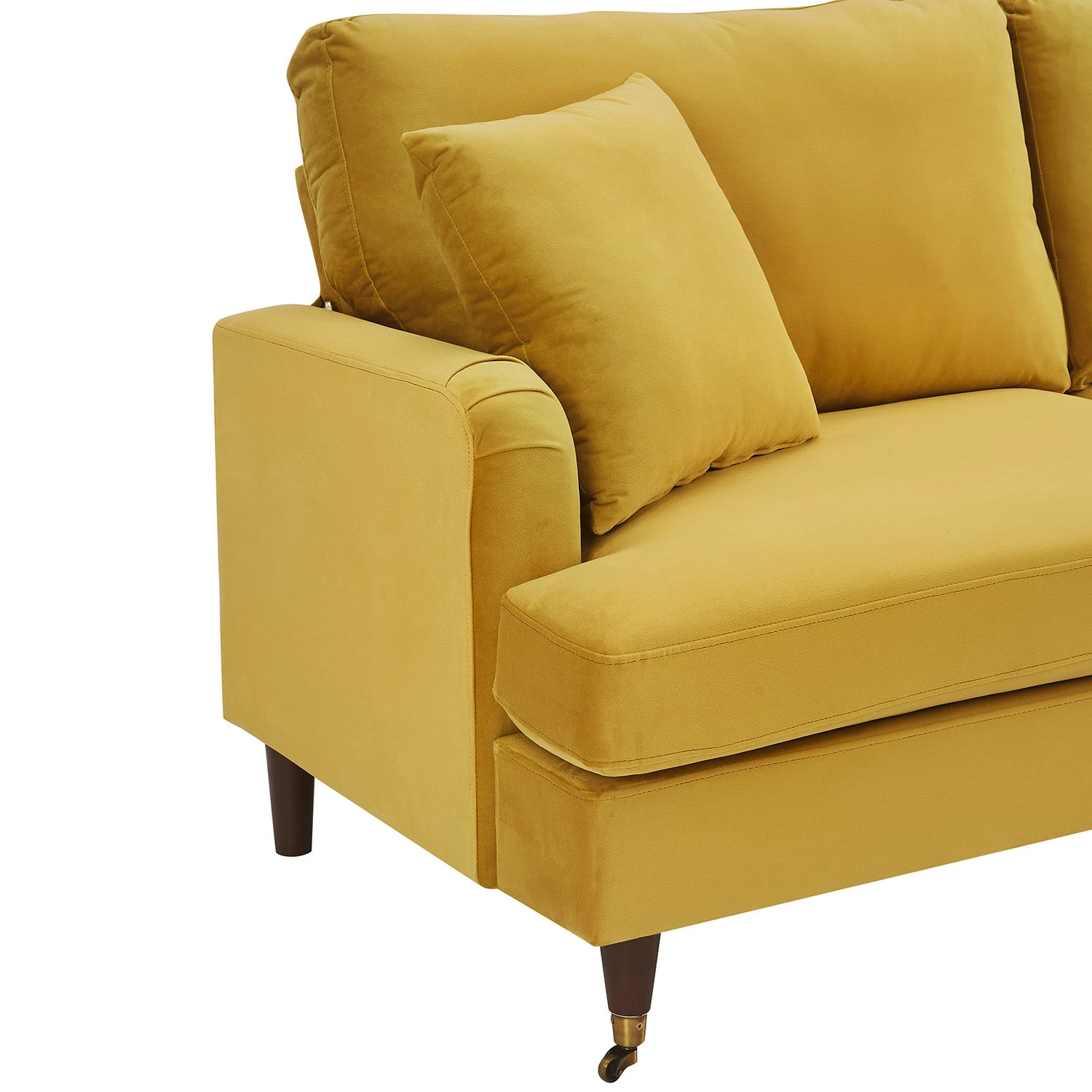 Brigette 3-Seater Mustard Velvet Sofa With Antique Brass Castor Legs 8 Brigette 3-Seater Mustard Velvet Sofa With Antique Brass Castor Legs - Image 8