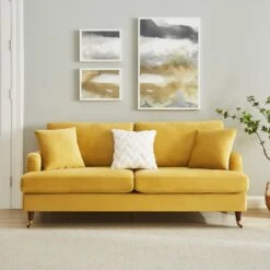 Brigette 3-Seater Mustard Velvet Sofa With Antique Brass Castor Legs