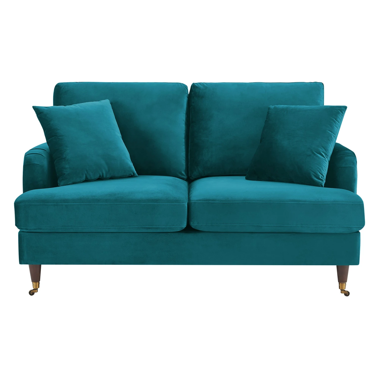 Brigette 2-Seater Teal Velvet Sofa With Antique Brass Castor Legs 4 Brigette 2-Seater Teal Velvet Sofa With Antique Brass Castor Legs - Image 4