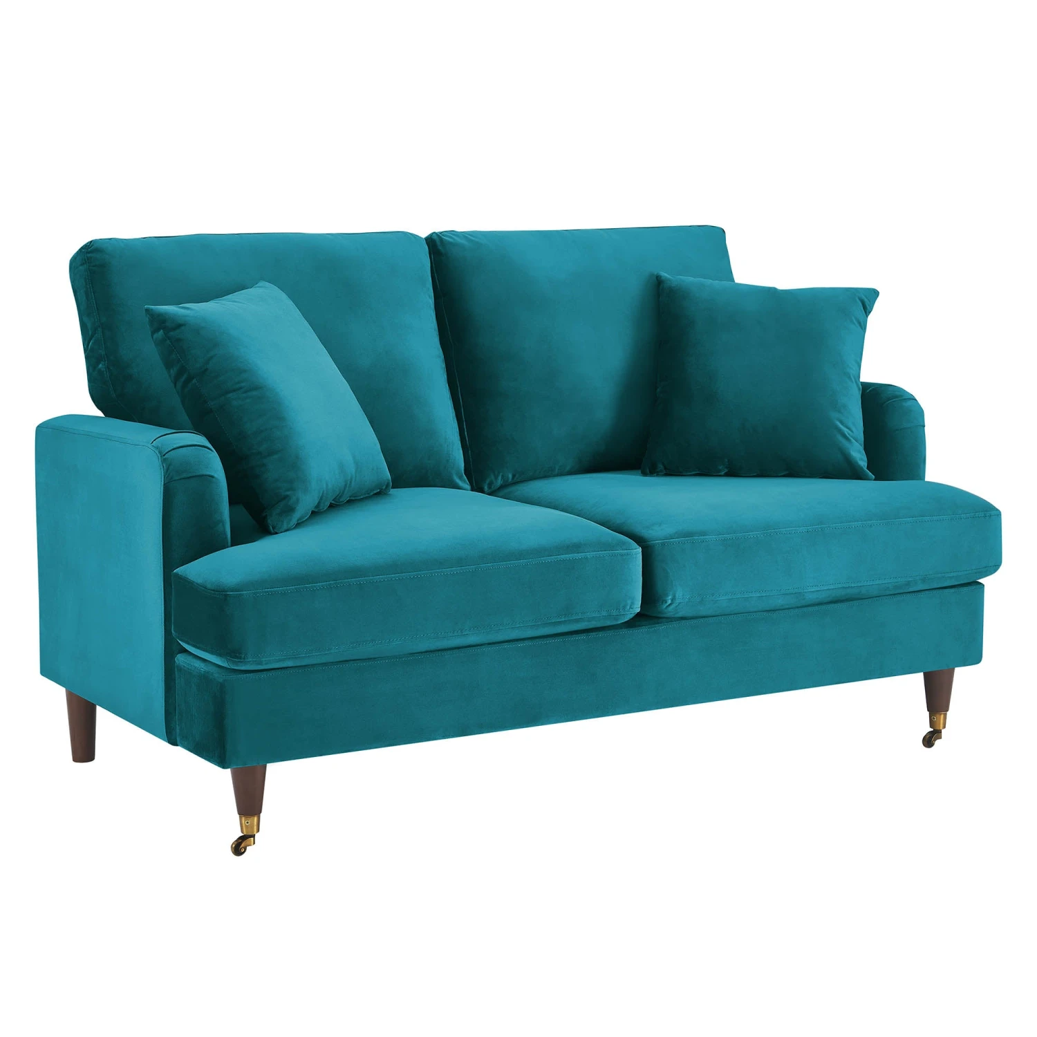 Brigette 2-Seater Teal Velvet Sofa With Antique Brass Castor Legs 5 Brigette 2-Seater Teal Velvet Sofa With Antique Brass Castor Legs - Image 5