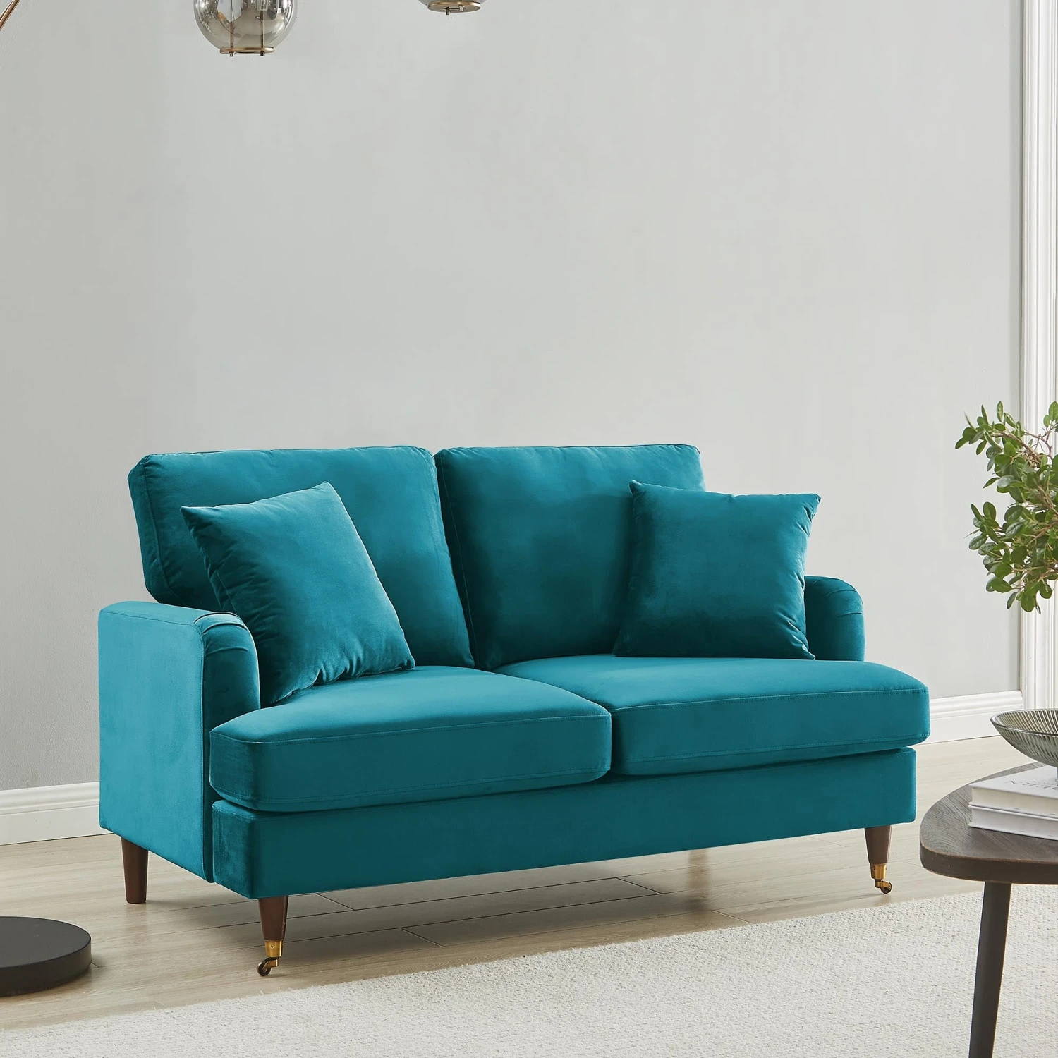 Brigette 2-Seater Teal Velvet Sofa With Antique Brass Castor Legs 2 Brigette 2-Seater Teal Velvet Sofa With Antique Brass Castor Legs - Image 2