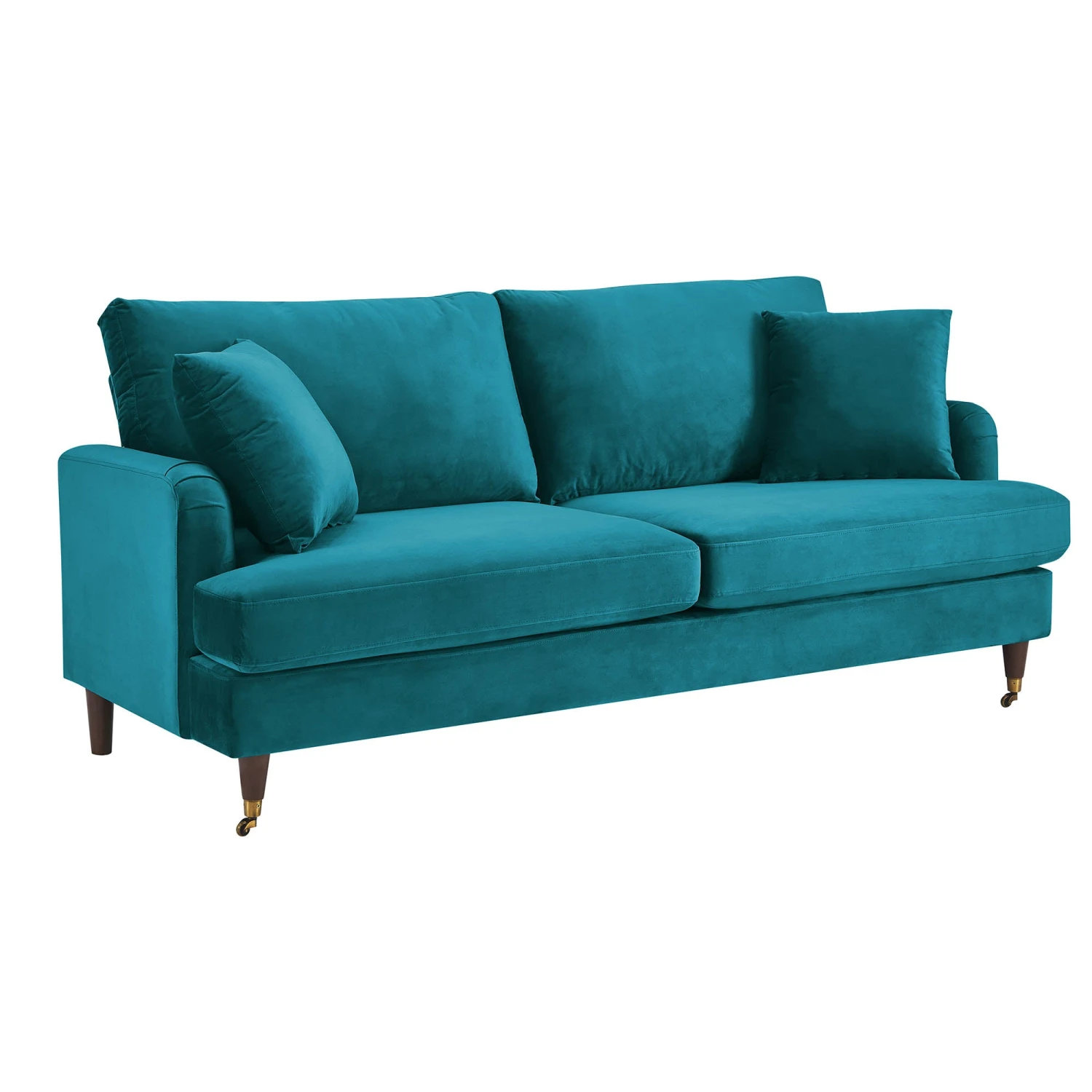 Brigette 3-Seater Teal Velvet Sofa With Antique Brass Castor Legs 5 Brigette 3-Seater Teal Velvet Sofa With Antique Brass Castor Legs - Image 5