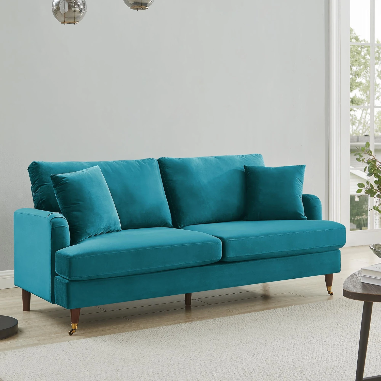 Brigette 3-Seater Teal Velvet Sofa With Antique Brass Castor Legs 2 Brigette 3-Seater Teal Velvet Sofa With Antique Brass Castor Legs - Image 2