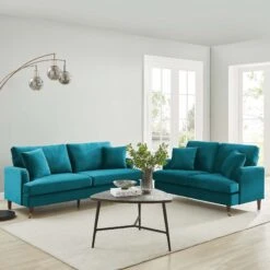 Brigette 3-Seater Teal Velvet Sofa With Antique Brass Castor Legs 12 Brigette 3-Seater Teal Velvet Sofa With Antique Brass Castor Legs -Daals Store AYSF 010 TEAL VEL set scene