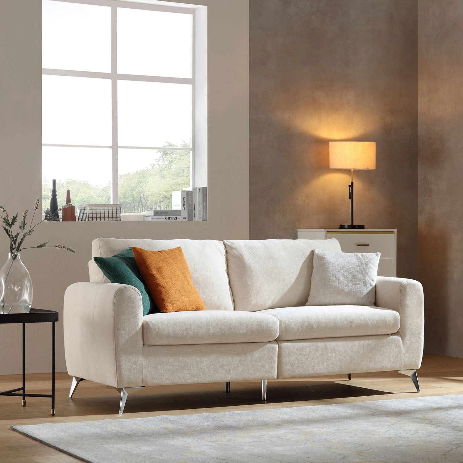 Noak 3-Seater Beige Woven Fabric Sofa With Chrome Legs 2 Noak 3-Seater Beige Woven Fabric Sofa With Chrome Legs - Image 2