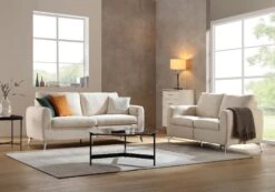 Noak 3-Seater Beige Woven Fabric Sofa With Chrome Legs 16 Noak 3-Seater Beige Woven Fabric Sofa With Chrome Legs -Daals Store AYSF 014 BEIGE WOVEN set scene