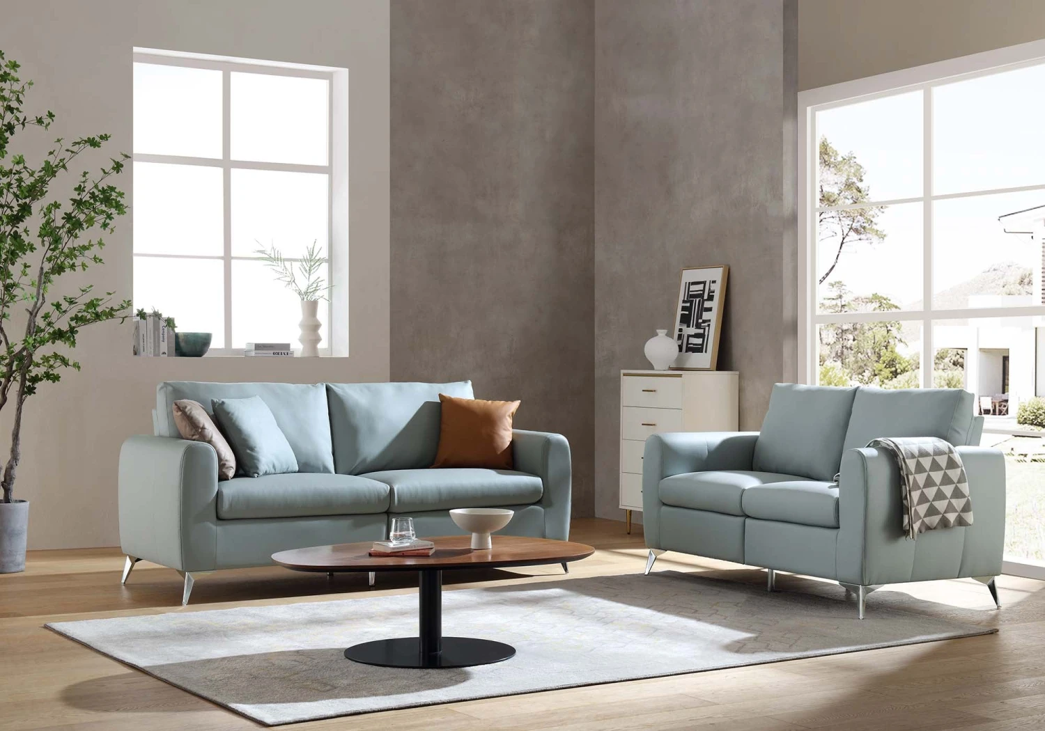 Noak 2-Seater Grey Faux Leather Sofa With Chrome Legs 3 Noak 2-Seater Grey Faux Leather Sofa With Chrome Legs - Image 3