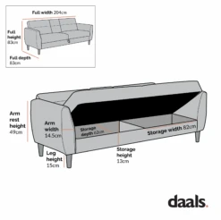 Latimer Light Grey Brushed Fabric 3-Seater Storage Sofa Bed -Daals Store AYSF 09 3ST STOR CHART 2