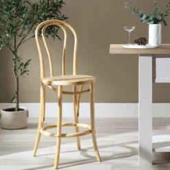 Camille Natural Elm Wood & Rattan Bentwood Counter Stool - Parisian Bistro Style